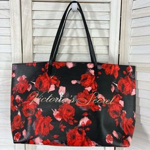 Victoria's Secret Large Black Red Rose Floral Tote Shoulder Bag New